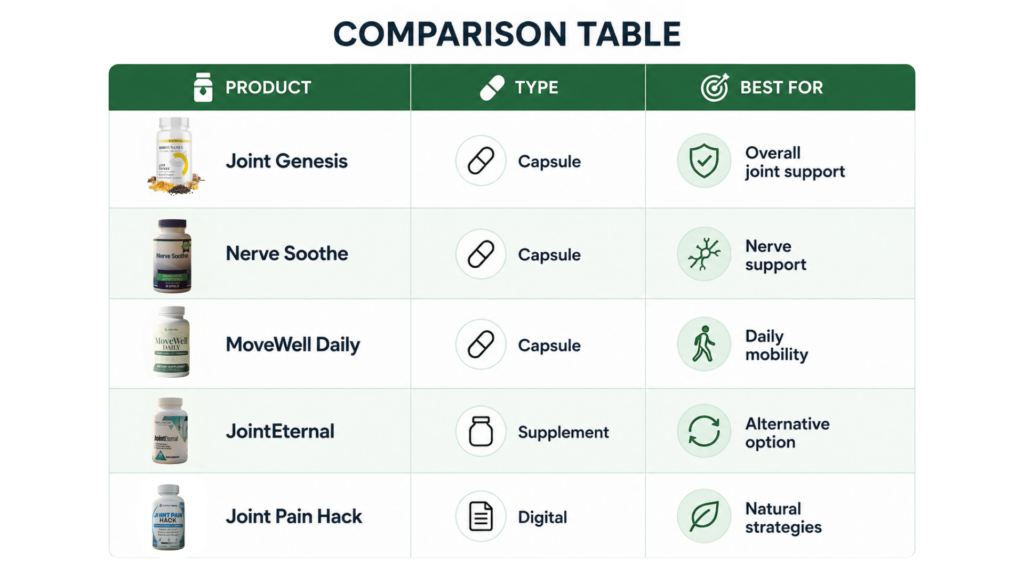 comparison table of joint pain supplements including Joint Genesis Nerve Soothe MoveWell Daily JointEternal and Joint Pain Hack
