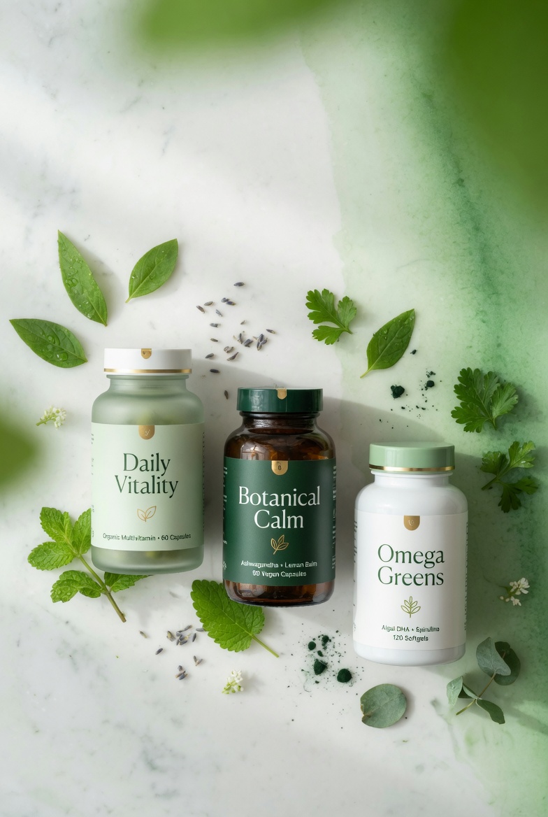Natural supplement bottles with plant ingredients for joint health and wellness support